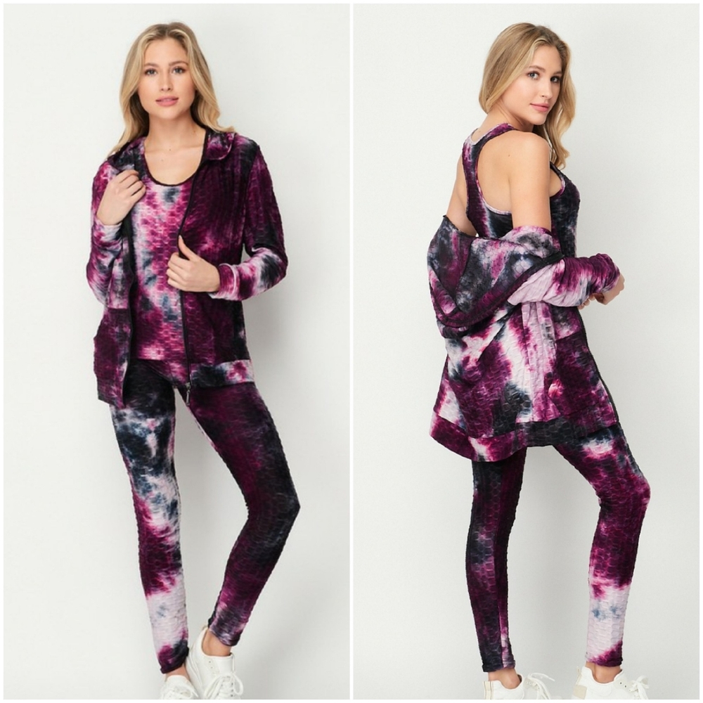 3 Piece Tie Dye zip up Hoodie/ leggings set
